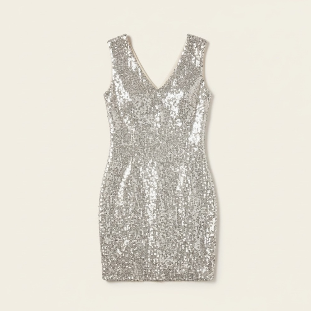 Alice + Olivia Embellished V Neck Mini Dress In Nude & Pale Silver